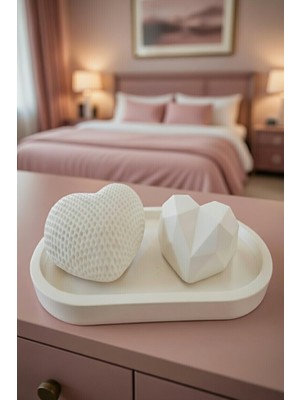 Safir Design 3'lü El Yapımı Kalp Obje Seti - Oval Tepsili Geometrik ve Dokulu Kalpler