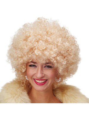 Magicool Altın Renk Kıvırcık Afro Bonus Peruk Saç Parti Peruğu Platin Gold