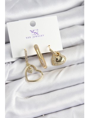 Vice Avm Pirinç Zİrkon Taşlı Kalp Model Gold Renk 3'lü Kadın Küpe - TJ-BKP10936 TG-V 9843