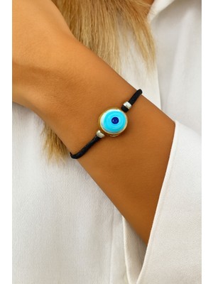 Siyah Ipli Cam Büyük Nazar Boncuklu Mavi Detaylı Bileklik