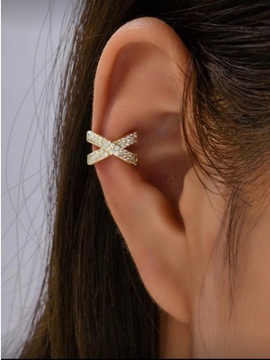 Çapraz Zirkon Taşlı Deliksiz Geçirmeli Kıkırdak Küpe Altın Renk Earcuff
