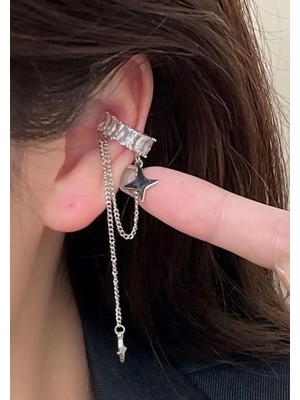 Çelik Vip Gümüş Renk Taşlı Sarkıt Yıldız Zincirli Kıkırdak Küpe