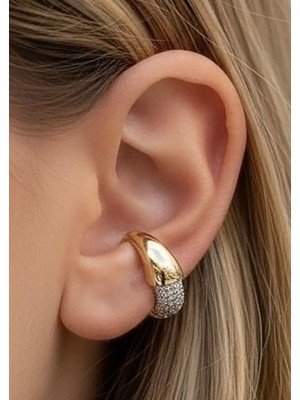 Vip Çelik Altın Renk Bombeli Zirkon Taş Detaylı Geçirmeli Kıkırdak Küpe