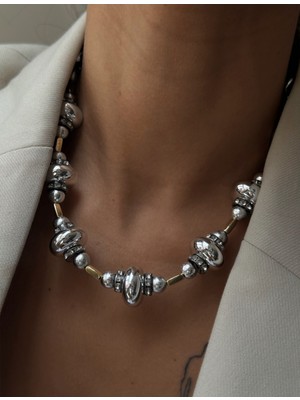 Vip Seri Gümüş Renk Araları Altın Detaylı Tarz Marka Model Kolye