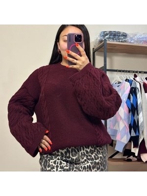 Bordo Bisiklet Yaka Örgü Desen Kadın Triko Kazak