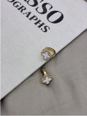 Hedef Bijuteri Gold Renk Dört Yapraklı Beyaz Yonca Zirkon Taşlı Halka Küpe CM166