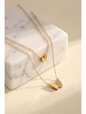 Lykos Çelik Gold Renk 2'li Simli Kelebek Model Kadın Kolye