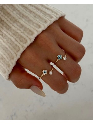 Vip Mavi Minimal Çiçek Mineli Taşlı Ayarlanabilir Yüzük