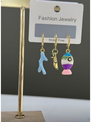 Çelik Vip Seri Renkli Balıklı Murano Cam 3’lü Set Küpe