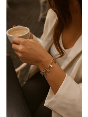 Vip Seri Nazar Boncuklu Kuş Yıldız Objeli Altın Renk Sallantılı Bileklik