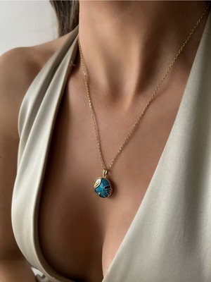 Çelik Ince Zincir Sax Mavi Yuvarlak Objeli Kısa Kolye