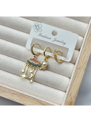 Renkli Taşlı Incili Sallantılı 3’lü Küpe Seti