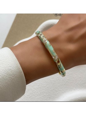 Çelik Vip Su Yeşili Altın Yaldızlı Taşlı Mineli Kelepçe Bileklik