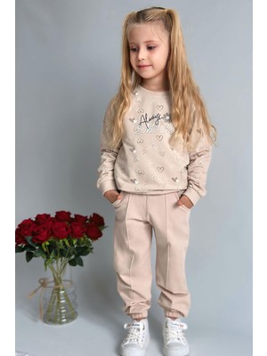 Breeze Kız Çocuk Sweatshirt Kalp Desenli Yazı Baskılı 1.5-5 Yaş, Bej