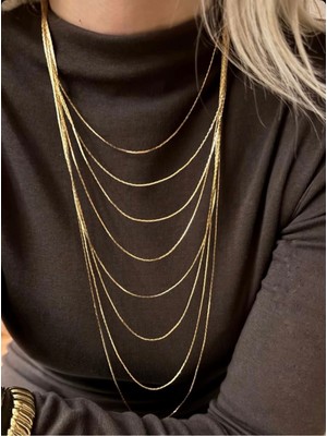 Çelik Ince Zincir Altın Renk Uzun Çoklu Zincir Kolye