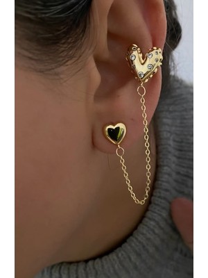 Çelik Vip Seri Zirkon Taşlı Zincirli Kalpli Geçirmeli Kıkırdak Küpe