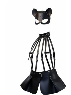 Moda Şahsenem Siyah Etek Deri Harness Detaylı Etek Zımbalı Mini Etek - BRF1313