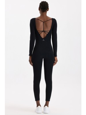 Sırtı Açık Uzun Spor Tulum Siyah