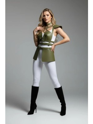 Moda Şahsenem Haki Etek Suni Deri Etek Tokalı Korse Detaylı Etek - BRF1371