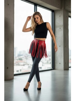 Moda Şahsenem Kırmızı Etek Deri Tokalı Püsküllü Kısa Etek - BRF1400