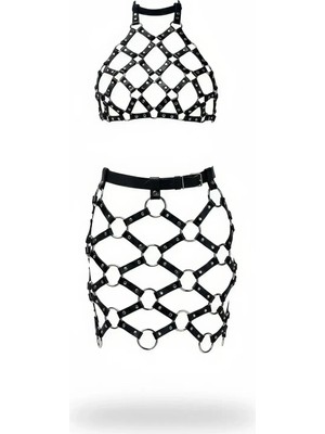 Moda Şahsenem Siyah Etek Suni Deri Etek Metal Halkalı Mini Etek - BRF1289