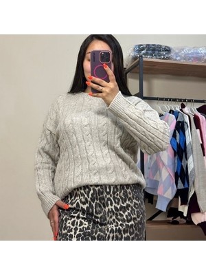 Bej Bisiklet Yaka Örgülü Triko Kazak