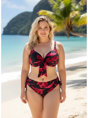 Hazelin Kadın Siyah Bordo Taş Işlemeli Büyük Beden Bikini Takım HZL25S-LC3337