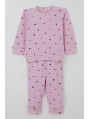 Breeze Kız Bebek Pijama Takımı Omuzdan Patlı Kiraz Desenli 4 Ay-1 Yaş, Pembe