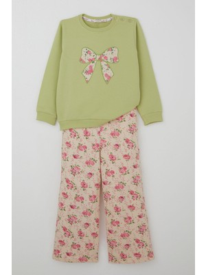 Breeze Kız Çocuk Eşofman Takımı Fiyonk Baskılı Pantolonu Çiçek Desenli 1.5-5 Yaş, Fıstık Yeşili