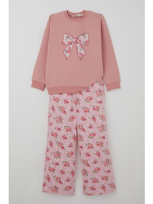 Breeze Kız Çocuk Eşofman Takımı Fiyonk Baskılı Pantolonu Çiçek Desenli 1.5-5 Yaş, Gülkurusu