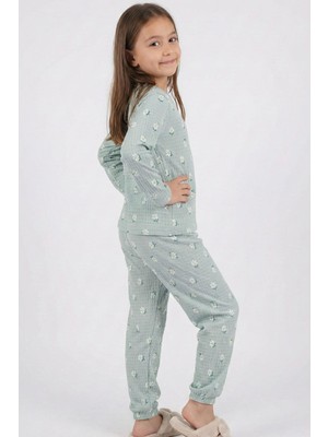 Breeze Kız Çocuk Pijama Takımı Papatya Desenli 4-8 Yaş, Su Yeşili