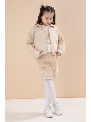 Cansın Mini Bej Gül Detaylı Şort Etekli ve Ceketli Kız Çocuk 3lü Badili Takım 23611