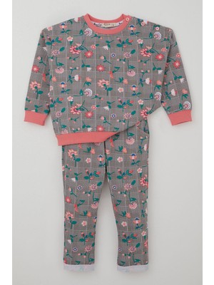 Breeze Kız Bebek Eşofman Takımı Ekose Desenli Çiçek Bahçesi 9 Ay-3 Yaş, Vizon