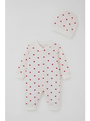 Breeze Kız Bebek Tulum Kalp Desenli 0-6 Ay, Ekru