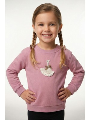 Breeze Kız Çocuk Sweatshirt Kuğu Armalı Fiyonk Detaylı 2-6 Yaş, Gülkurusu