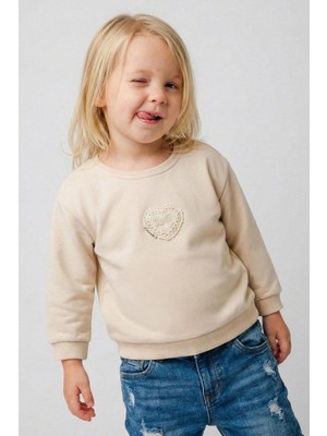 Breeze Kız Çocuk Sweatshirt Güpürlü Kalp Arma Detaylı 2-6 Yaş, Krem