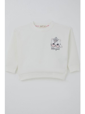 Breeze Kız Çocuk Sweatshirt Minik Taçlı Kedi Prenses Baskılı Sırt Baskı Detaylı 1.5-5 Yaş, Ekru