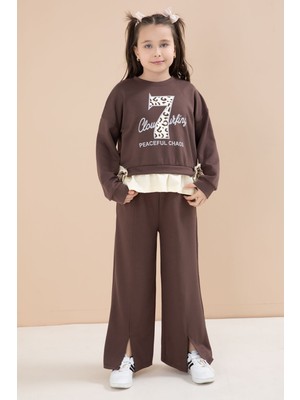 Cansın Mini Kahverengi Yırtmaçlı Pantolonlu Fiyonklu Yazılı Badili Kız Çocuk 2li Takım 23596