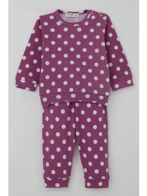 Breeze Kız Bebek Pijama Takımı Omuzdan Patlı Beyaz Puantiye Desenli 4 Ay-1 Yaş, Eflatun