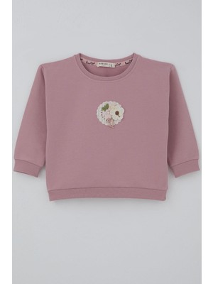 Breeze Kız Çocuk Sweatshirt Triko Çiçek Aplike Armalı 2-6 Yaş, Gülkurusu