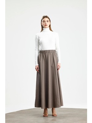 Parçalı Geniş Gabardin Pamuklu Etek Vizon