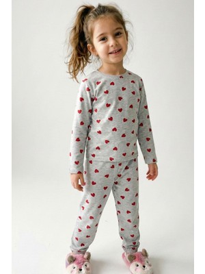 Breeze Kız Çocuk Pijama Takımı Kalp Desenli 4-8 Yaş, Açık Gri Melanj