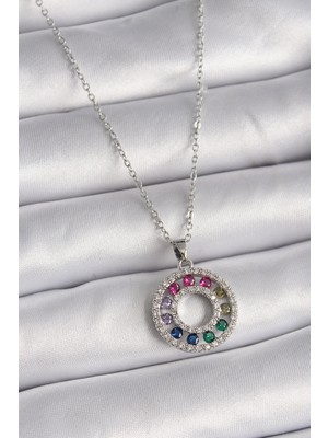 Taş Ve Oyun Atölyesi Taşveoyunatölyesi 316L Çelik Gümüş Renk Zincir Renkli Zirkon Taşlı Madalyon Model Kadın Kolye TG27BKO9489