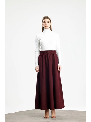 Parçalı Geniş Gabardin Pamuklu Etek Bordo