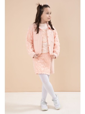 Cansın Mini Somon Gül Detaylı Şort Etekli ve Ceketli Kız Çocuk 3lü Badili Takım 23610