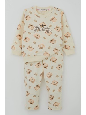 Breeze Kız Bebek Eşofman Takımı Sevimli Fiyonklu Ayıcık Desenli 6 Ay-2 Yaş, Krem
