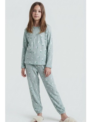 Breeze Kız Çocuk Pijama Takımı Papatya Desenli 9-12 Yaş, Su Yeşili