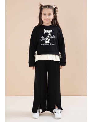 Cansın Mini Siyah Yırtmaçlı Pantolonlu Fiyonklu Yazılı Badili Kız Çocuk 2li Takım 23595