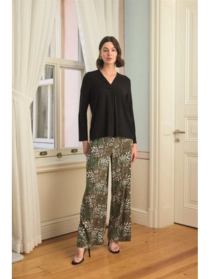 Moda Şahsenem Çiçek Yaprak ve Etnik Desenli Uzun Kollu Pijama Takımı