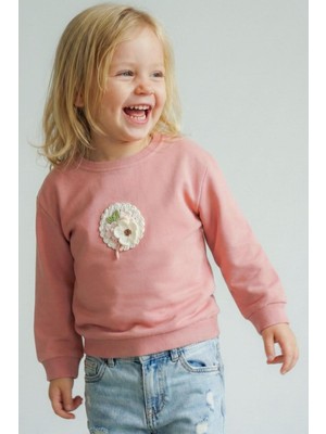 Breeze Kız Çocuk Sweatshirt Triko Çiçek Aplike Armalı 2-6 Yaş, Gülkurusu